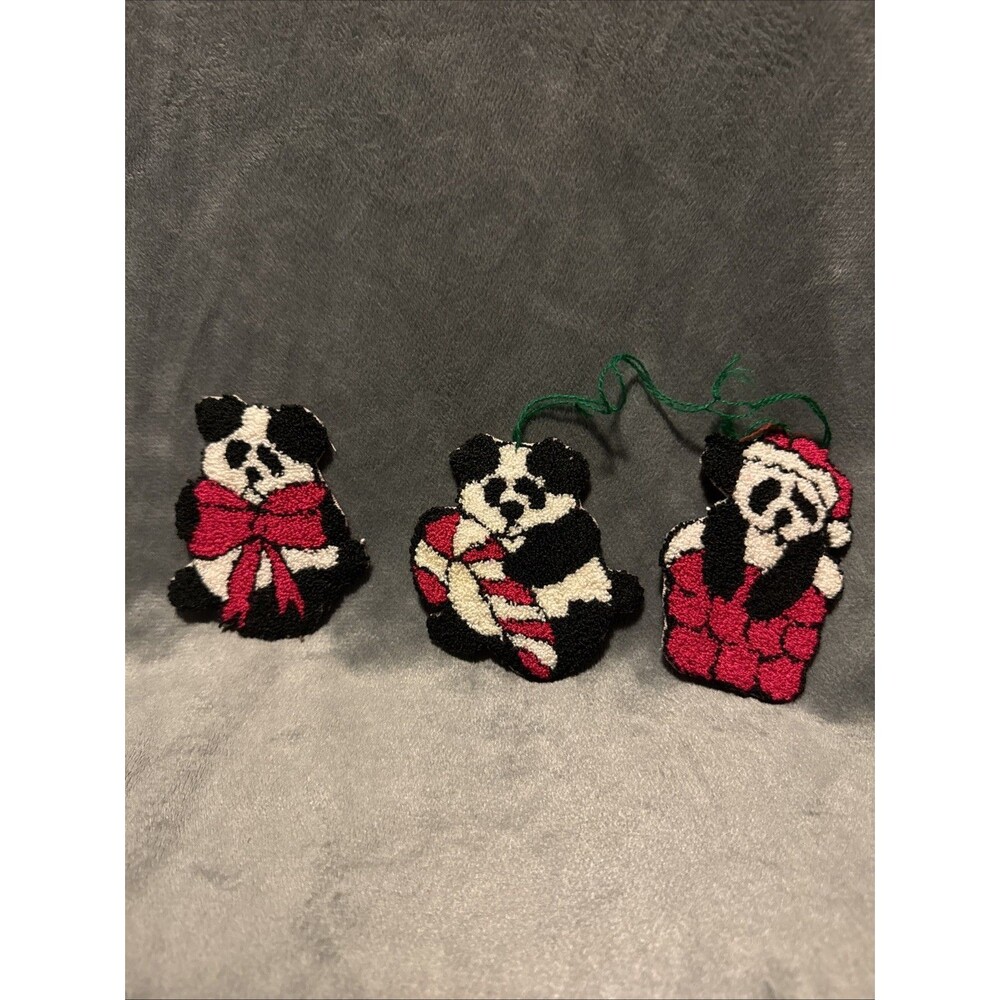 Handmade Punch Needle Embroidery Panel Panda Christmas Designs 3 Set 3.5"